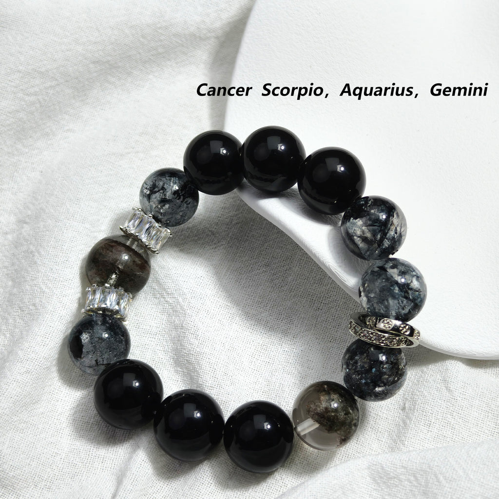 JOXOZP 13mm Natural Black Obsidian & Green Phantom Quartz Bracelet｜Dark Matter Shield Healing Stones｜Quantum Wealth Armor + Valentine's Cosmic Pact Gift