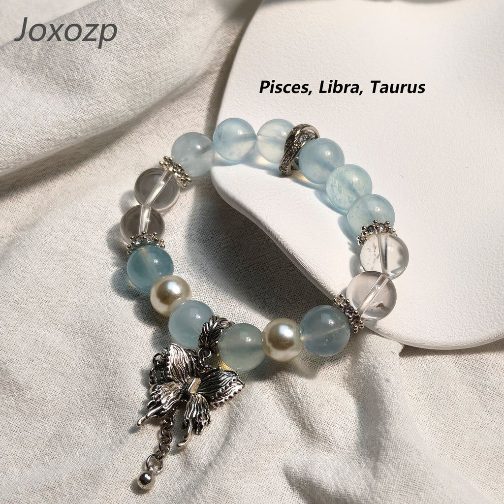 JOXOZP 15mm Natural Aquamarine & Clear Quartz Bracelet｜Dual-Frequency Brainwave Healing Stones｜Executive Decision Catalyst + Valentine's Neural Pact Gift