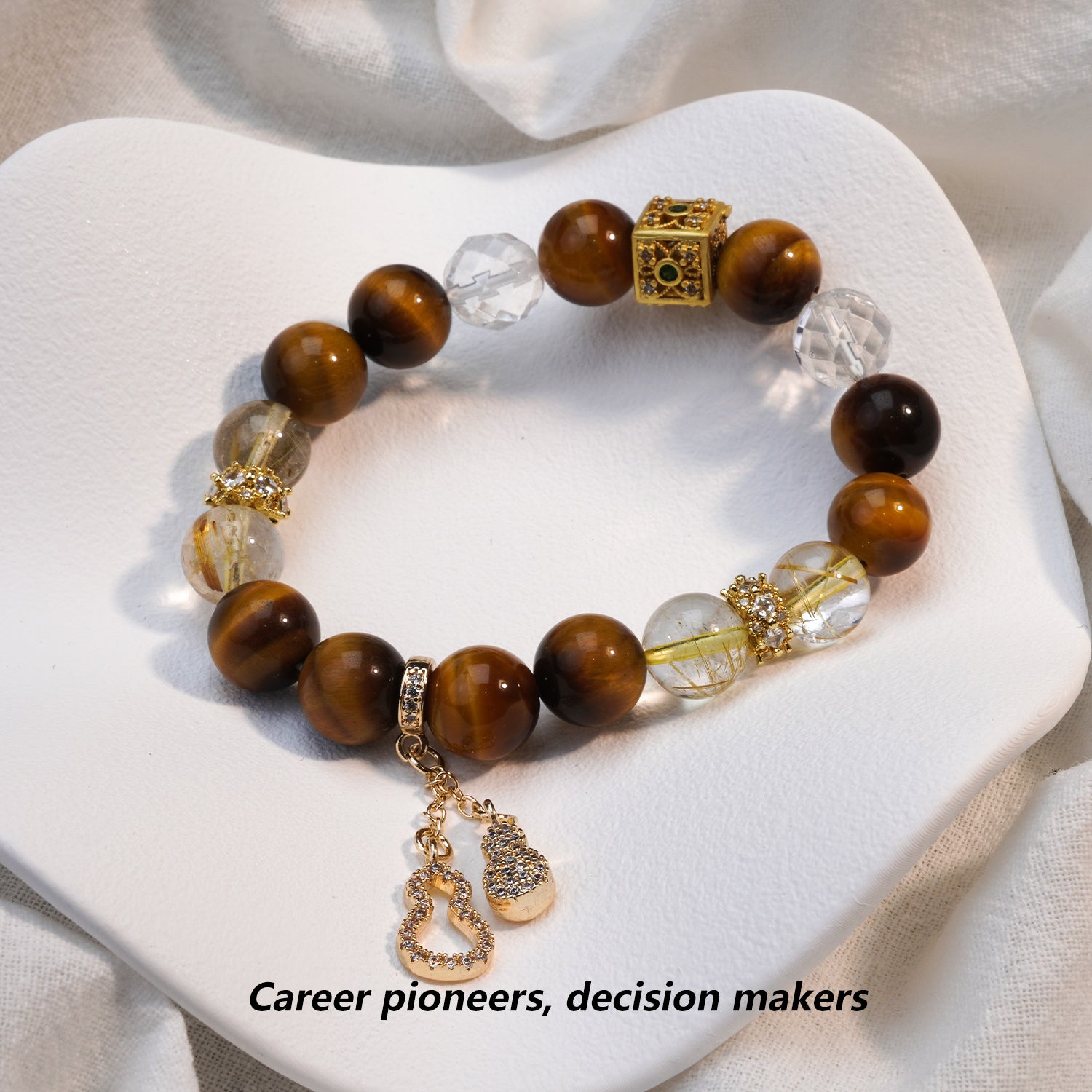JOXOZP Natural 10mm Quad-Energy Bracelet｜Golden Tiger's Eye Wealth + Rutilated Quartz Clarity + Lava Glass Grounding + Crystal Purification｜Healing Stones Gift Se