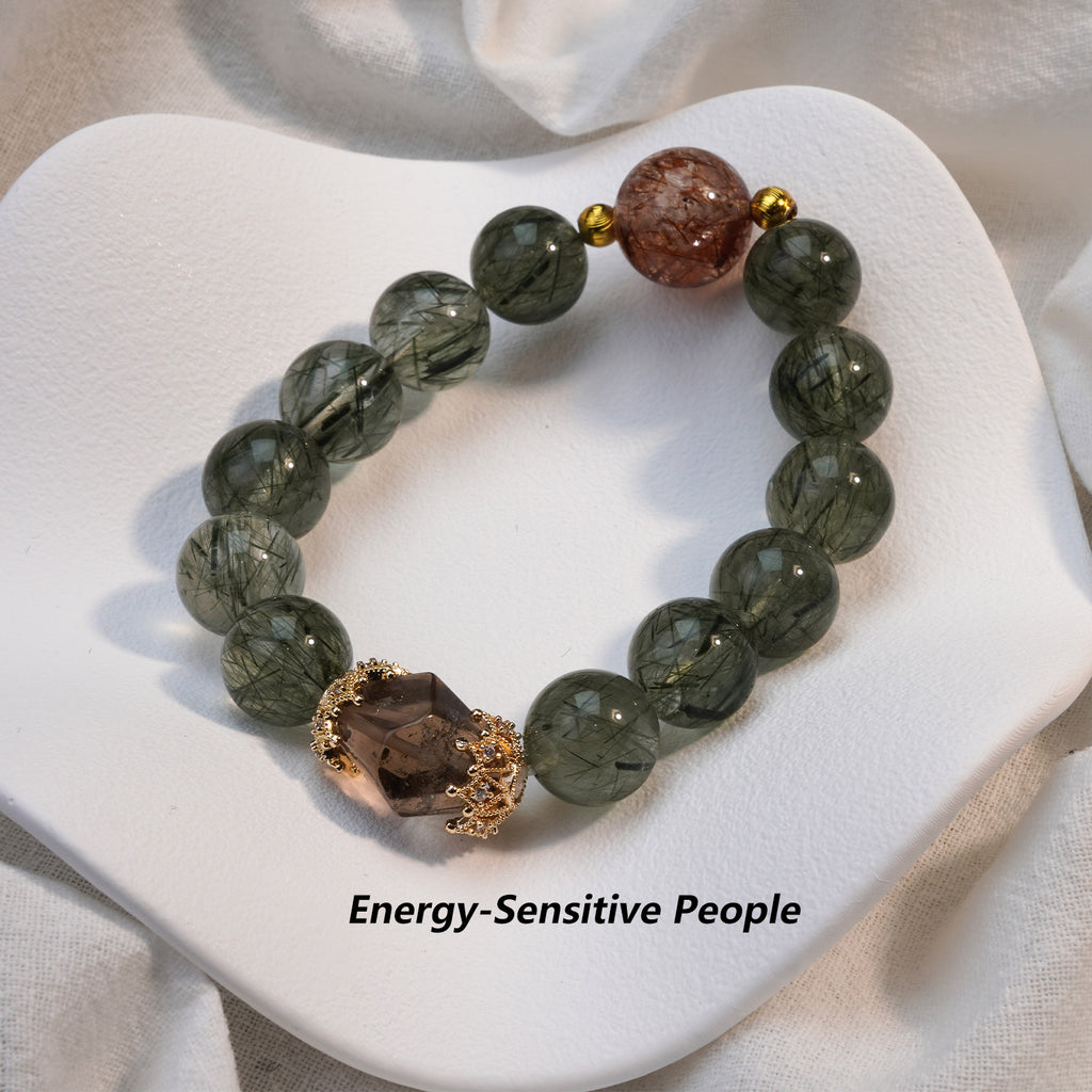 JOXOZP 12mm Natural Green Rutilated Quartz Bracelet｜Wealth &amp; Career Crystal Stone｜Healing Stones for Sagittarius,Libra, Gemini｜Lucky Charm for Dog/Pig｜Heart Chakra Healing Gift