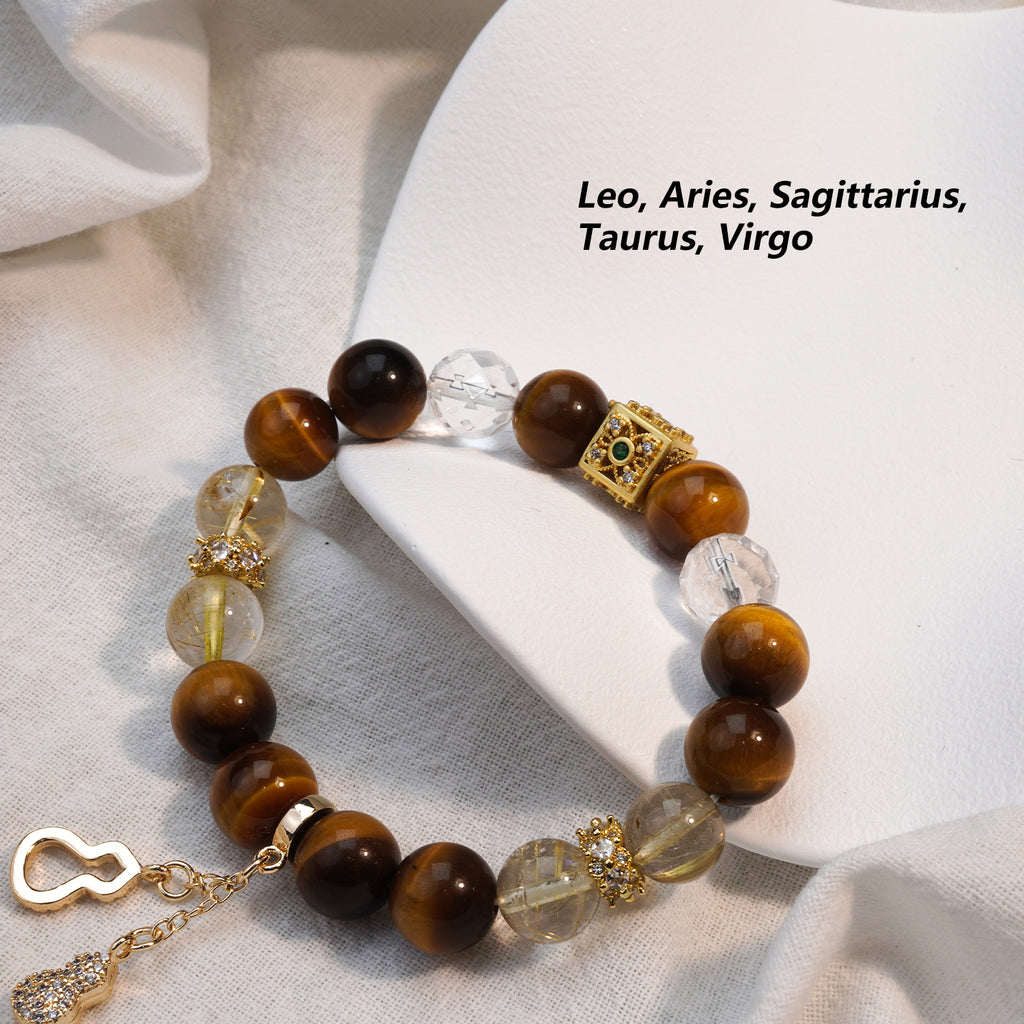 JOXOZP Natural 10mm Quad-Energy Bracelet｜Golden Tiger's Eye Wealth + Rutilated Quartz Clarity + Lava Glass Grounding + Crystal Purification｜Healing Stones Gift Se