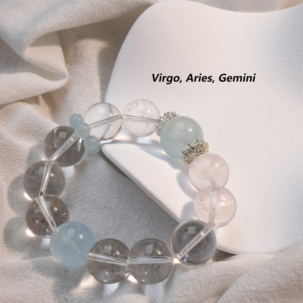 JOXOZP Natural 15mm Dual-Frequency Bracelet｜Aquamarine Communication + Clear Crystal Clarity｜Executive Healing Stones Armory｜Luxury Gift Set with Tactical DIY