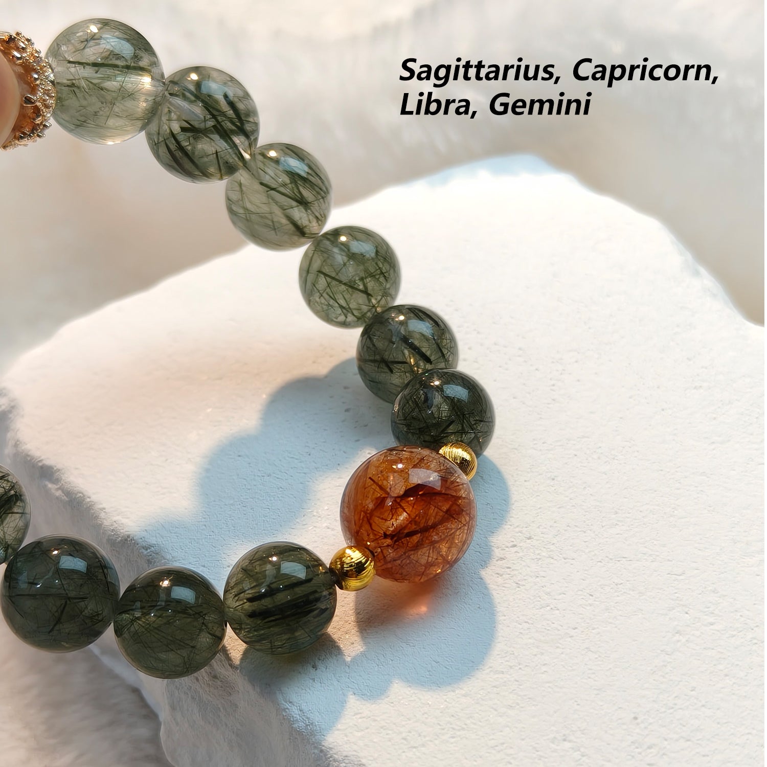JOXOZP 13mm Natural Green Rutilated Quartz Bracelet｜Wealth & Career Crystal Stone｜Healing Stones for Sagittarius, Capricorn, Libra, Gemini｜Lucky Charm for Dog/Pig/Sheep/Tiger｜Heart Chakra Healing Gift