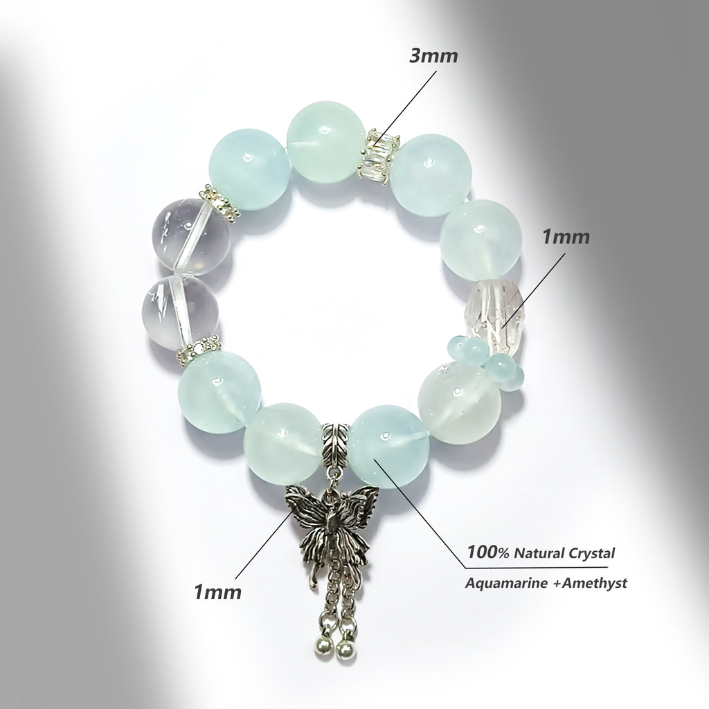 JOXOZP 15mm Natural Aquamarine & Clear Quartz Bracelet｜Sonic Purification Healing Stones｜Diplomatic Communication Enhancer + Valentine's Frequency Pact Gift