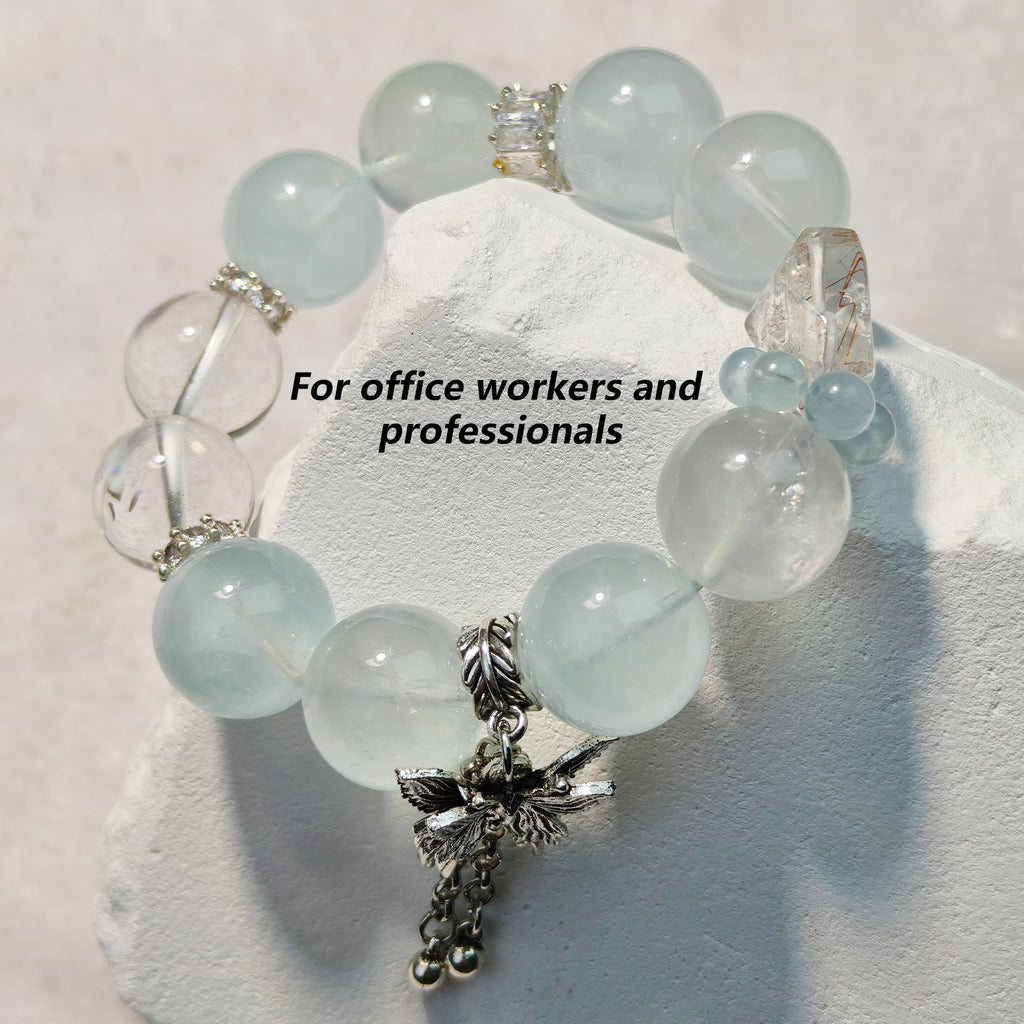 JOXOZP 15mm Natural Aquamarine & Clear Quartz Bracelet｜Sonic Purification Healing Stones｜Diplomatic Communication Enhancer + Valentine's Frequency Pact Gift