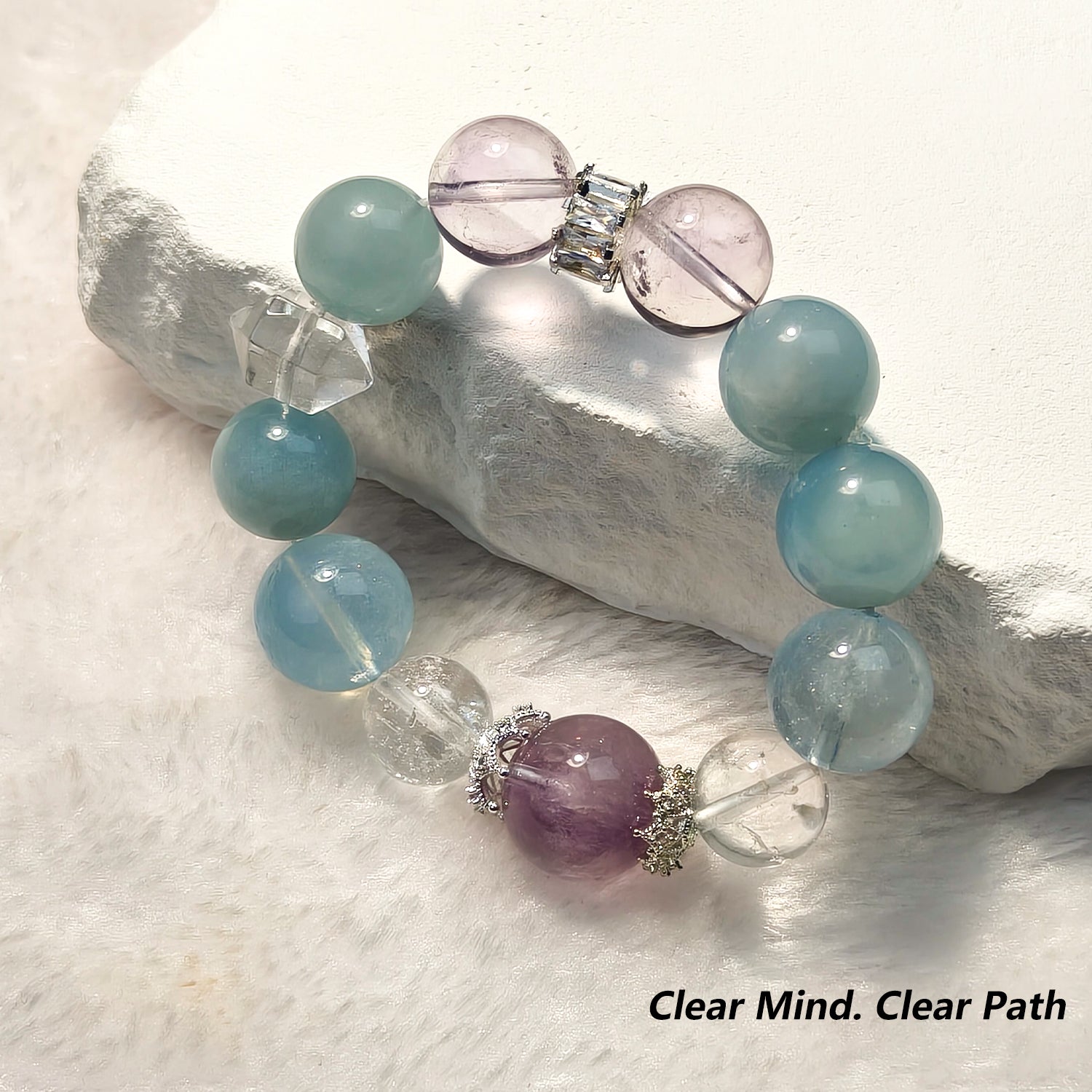 JOXOZP Natural 15mm Tri-Frequency Bracelet｜Aquamarine Communication + Amethyst Stress｜Executive Healing Stones OS｜Starship Gift Set