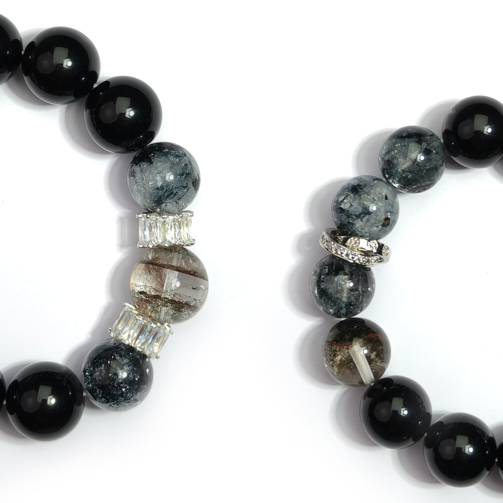 JOXOZP 13mm Natural Black Obsidian & Green Phantom Quartz Bracelet｜Dark Matter Shield Healing Stones｜Quantum Wealth Armor + Valentine's Cosmic Pact Gift
