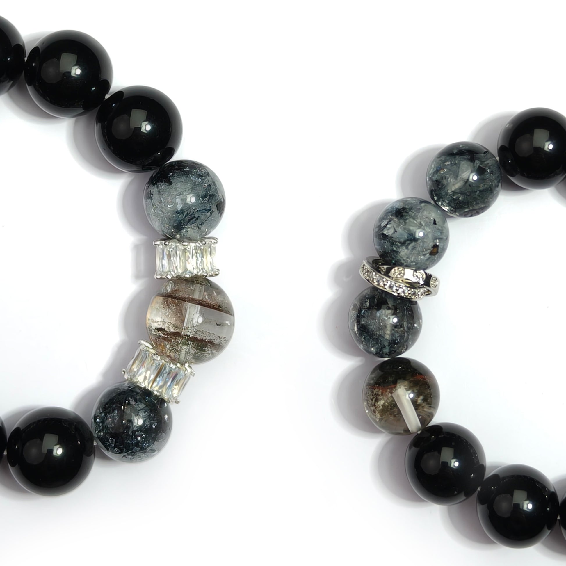 JOXOZP 13mm Natural Black Obsidian & Green Phantom Quartz Bracelet｜Dark Matter Shield Healing Stones｜Quantum Wealth Armor + Valentine's Cosmic Pact Gift
