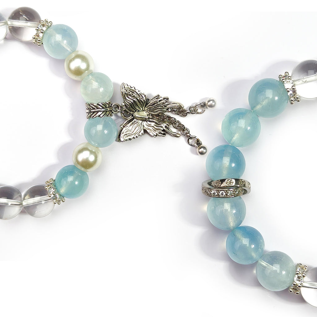 JOXOZP 15mm Natural Aquamarine & Clear Quartz Bracelet｜Dual-Frequency Brainwave Healing Stones｜Executive Decision Catalyst + Valentine's Neural Pact Gift