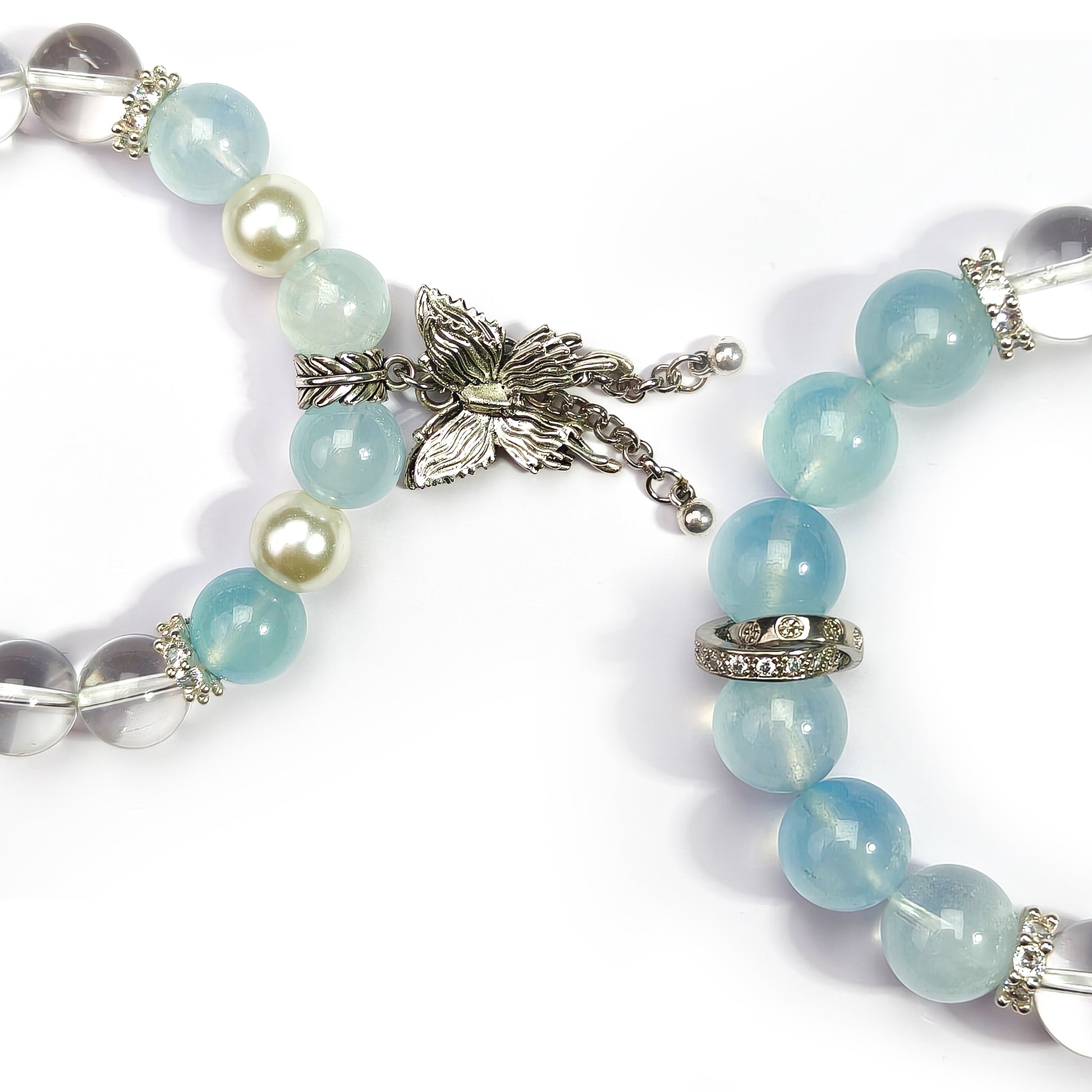 JOXOZP 15mm Natural Aquamarine & Clear Quartz Bracelet｜Dual-Frequency Brainwave Healing Stones｜Executive Decision Catalyst + Valentine's Neural Pact Gift