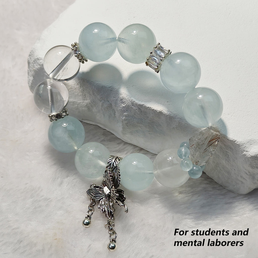 JOXOZP 15mm Natural Aquamarine & Clear Quartz Bracelet｜Sonic Purification Healing Stones｜Diplomatic Communication Enhancer + Valentine's Frequency Pact Gift
