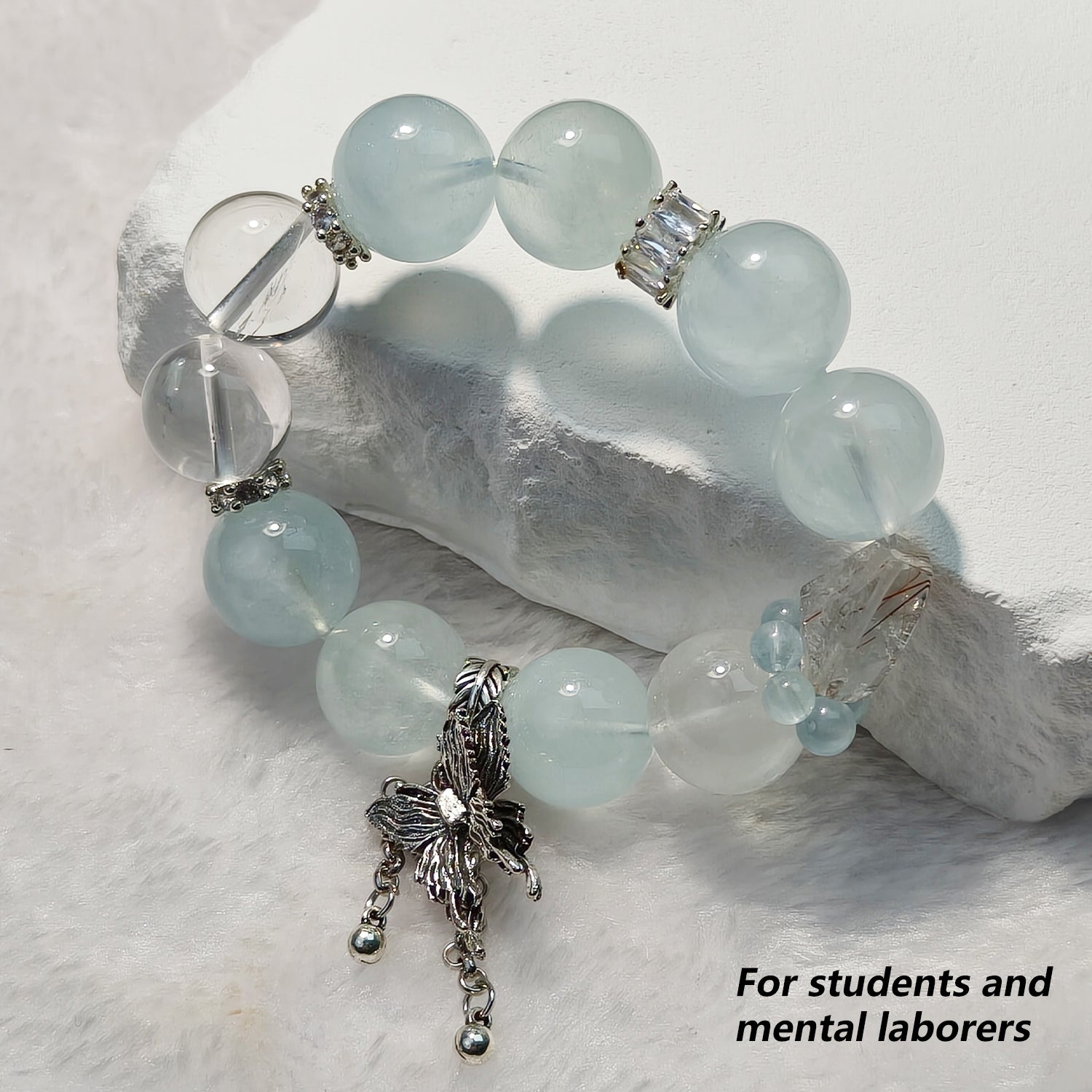 JOXOZP 15mm Natural Aquamarine & Clear Quartz Bracelet｜Sonic Purification Healing Stones｜Diplomatic Communication Enhancer + Valentine's Frequency Pact Gift