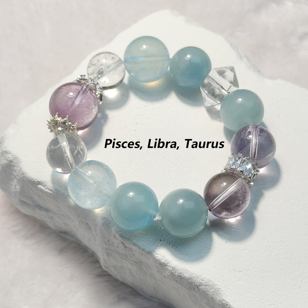 JOXOZP Natural 15mm Tri-Frequency Bracelet｜Aquamarine Communication + Amethyst Stress｜Executive Healing Stones OS｜Starship Gift Set