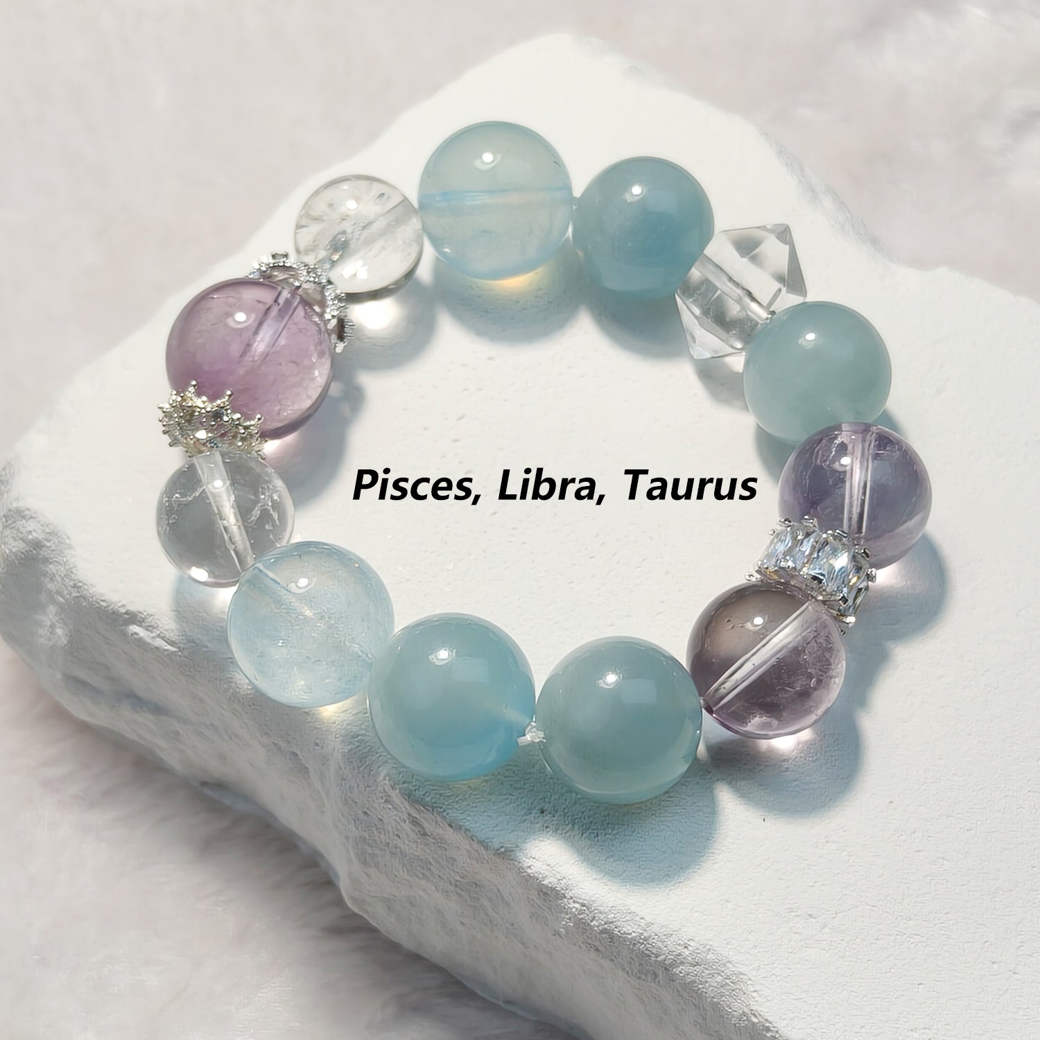JOXOZP Natural 15mm Tri-Frequency Bracelet｜Aquamarine Communication + Amethyst Stress｜Executive Healing Stones OS｜Starship Gift Set