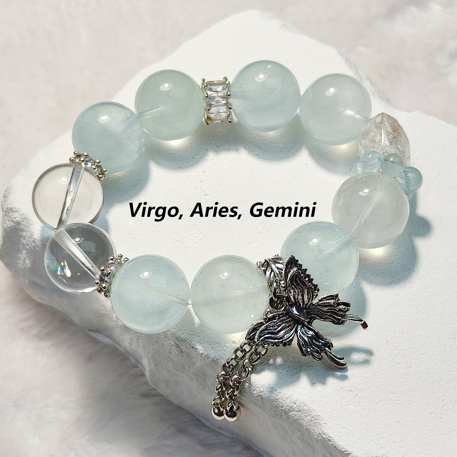 JOXOZP 15mm Natural Aquamarine & Clear Quartz Bracelet｜Sonic Purification Healing Stones｜Diplomatic Communication Enhancer + Valentine's Frequency Pact Gift