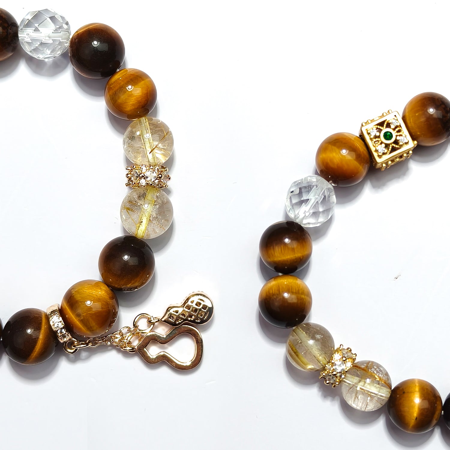 JOXOZP Natural 10mm Quad-Energy Bracelet｜Golden Tiger's Eye Wealth + Rutilated Quartz Clarity + Lava Glass Grounding + Crystal Purification｜Healing Stones Gift Se