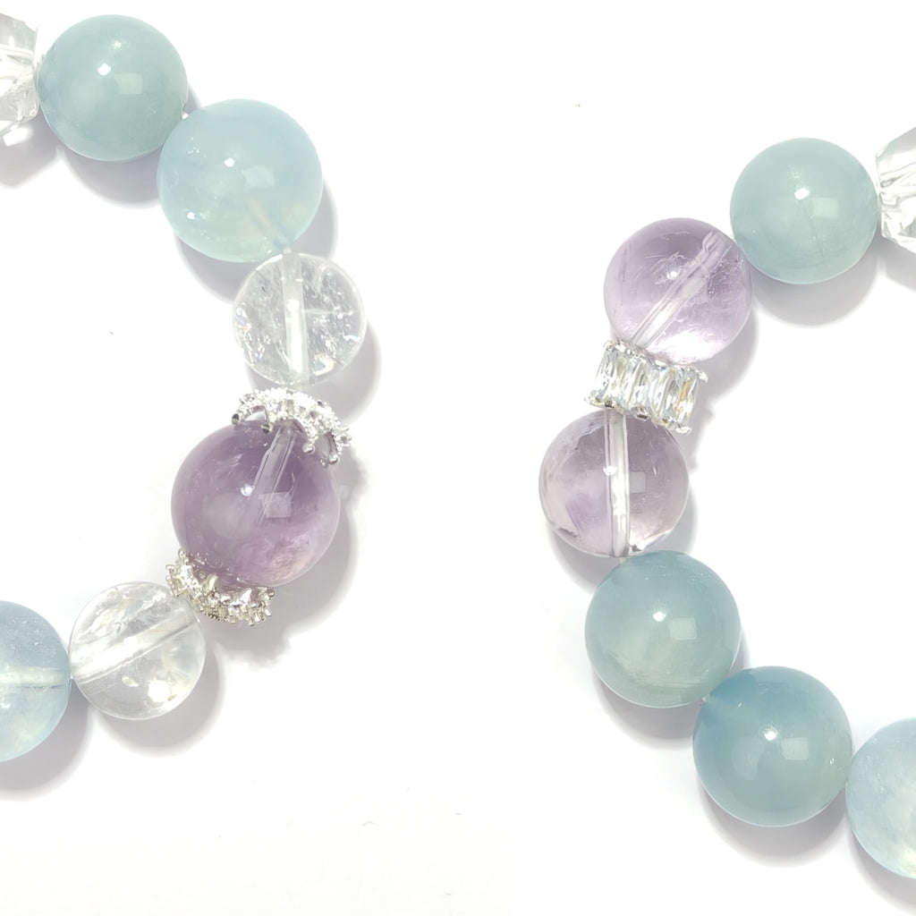 JOXOZP Natural 15mm Tri-Frequency Bracelet｜Aquamarine Communication + Amethyst Stress｜Executive Healing Stones OS｜Starship Gift Set