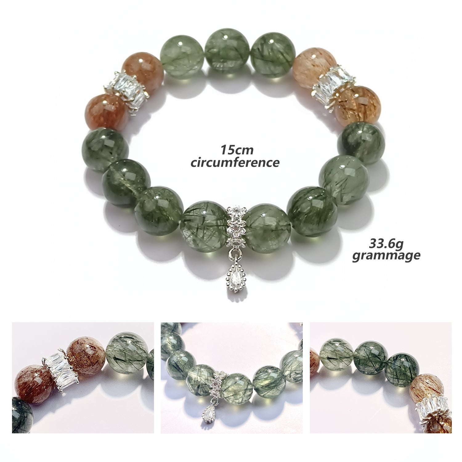 JOXOZP 100% Natural Super Seven Green Rutilated Quartz Crystal Bracelet - Healing Stone for Abundance & Energy Amplification - Back to School Gift, Valentine's Day Gift