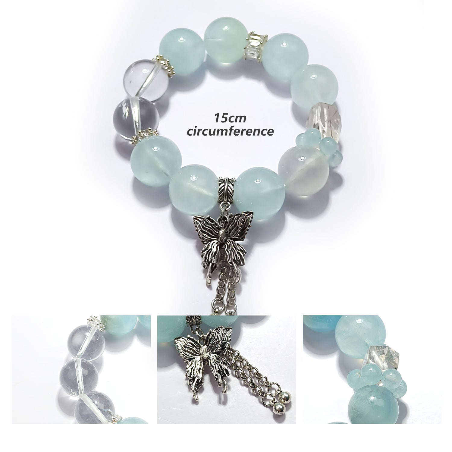 JOXOZP 15mm Natural Aquamarine & Clear Quartz Bracelet｜Sonic Purification Healing Stones｜Diplomatic Communication Enhancer + Valentine's Frequency Pact Gift