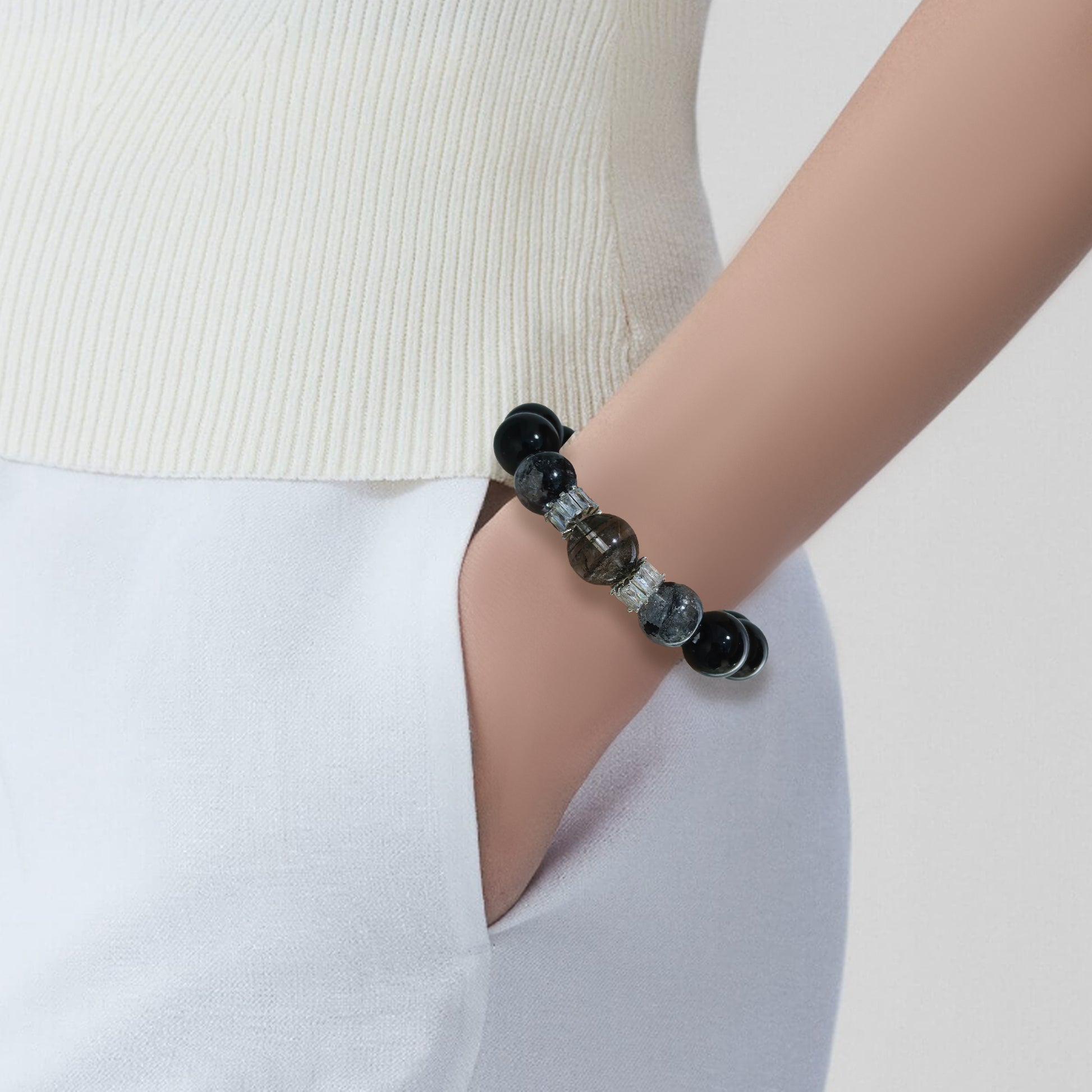 JOXOZP 13mm Natural Black Obsidian & Green Phantom Quartz Bracelet｜Dark Matter Shield Healing Stones｜Quantum Wealth Armor + Valentine's Cosmic Pact Gift
