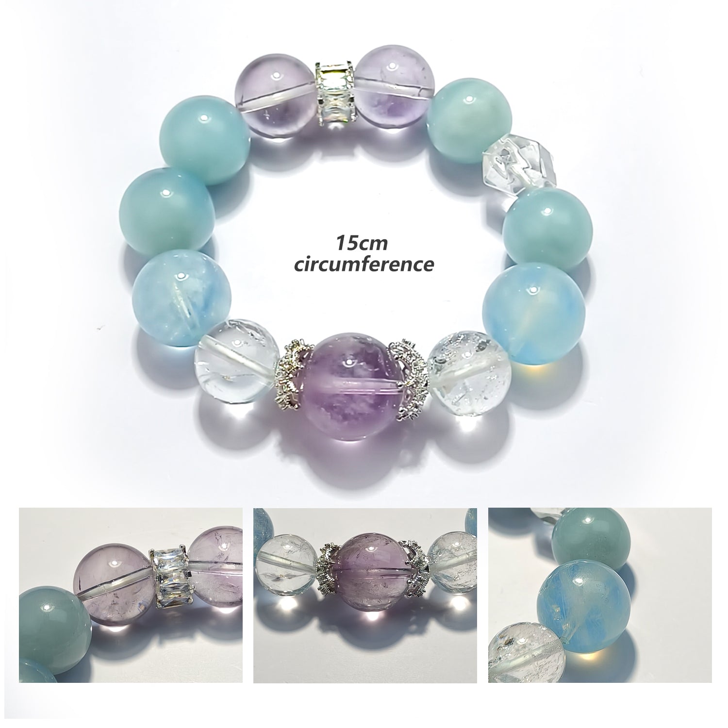 JOXOZP Natural 15mm Tri-Frequency Bracelet｜Aquamarine Communication + Amethyst Stress｜Executive Healing Stones OS｜Starship Gift Set
