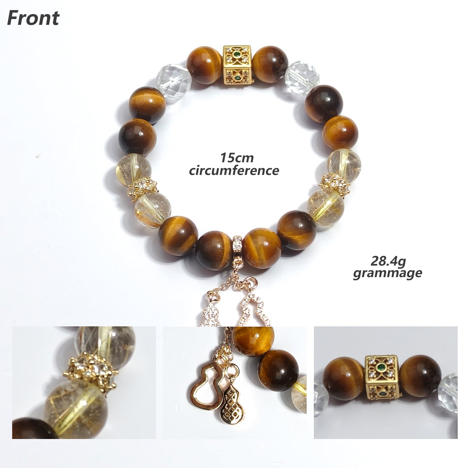 JOXOZP Natural 10mm Quad-Energy Bracelet｜Golden Tiger's Eye Wealth + Rutilated Quartz Clarity + Lava Glass Grounding + Crystal Purification｜Healing Stones Gift Se