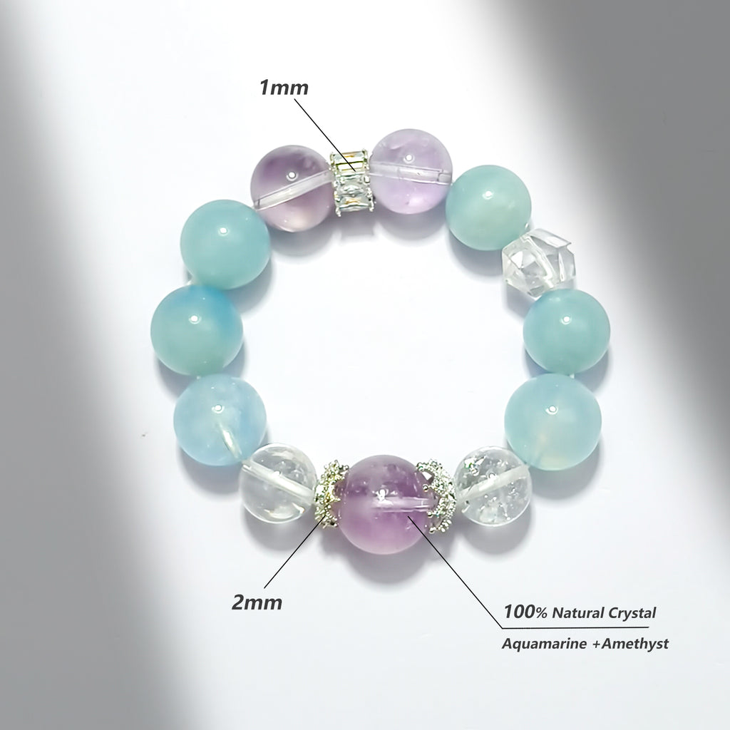 JOXOZP Natural 15mm Tri-Frequency Bracelet｜Aquamarine Communication + Amethyst Stress｜Executive Healing Stones OS｜Starship Gift Set