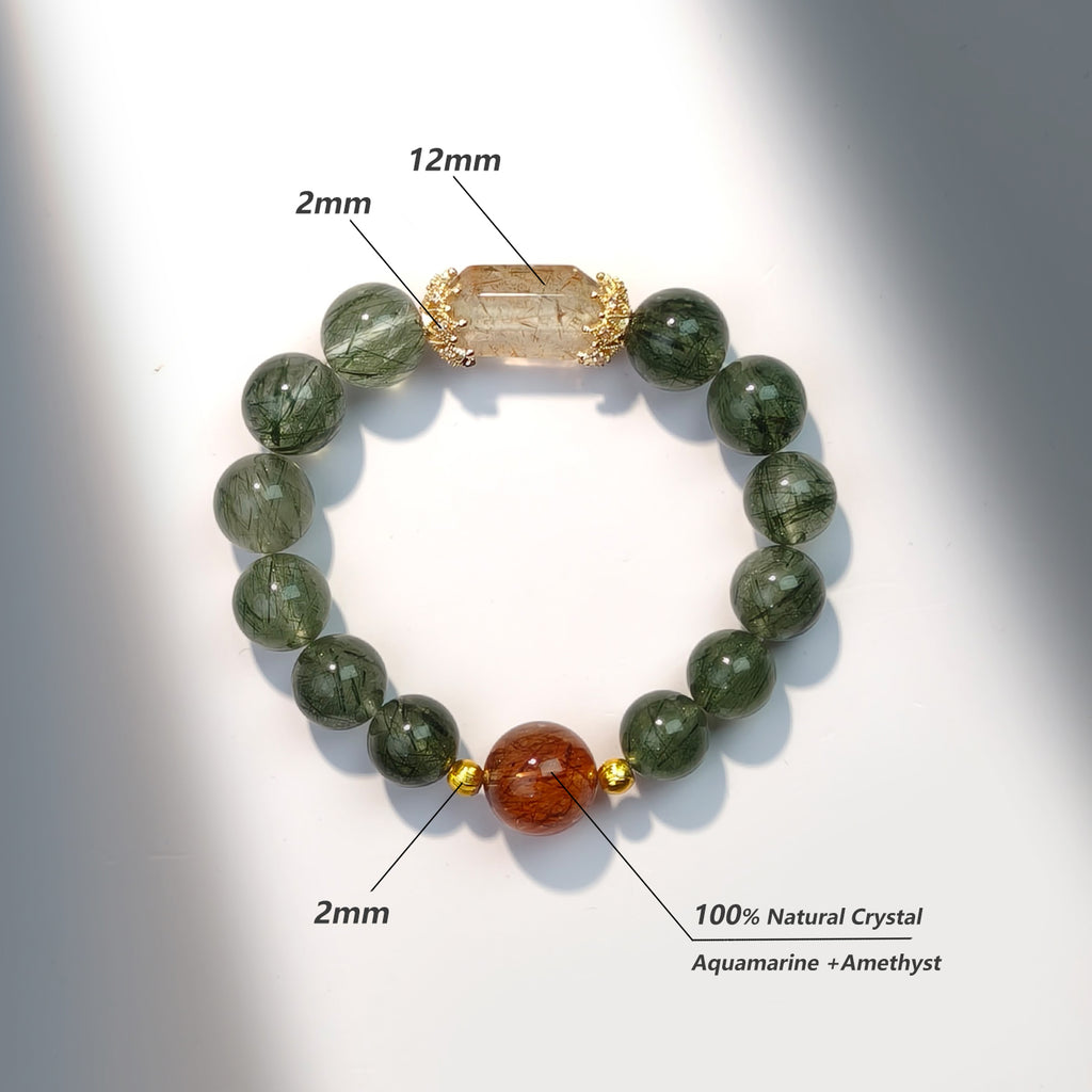 JOXOZP 13mm Natural Green Rutilated Quartz Bracelet｜Wealth & Career Crystal Stone｜Healing Stones for Sagittarius, Capricorn, Libra, Gemini｜Lucky Charm for Dog/Pig/Sheep/Tiger｜Heart Chakra Healing Gift