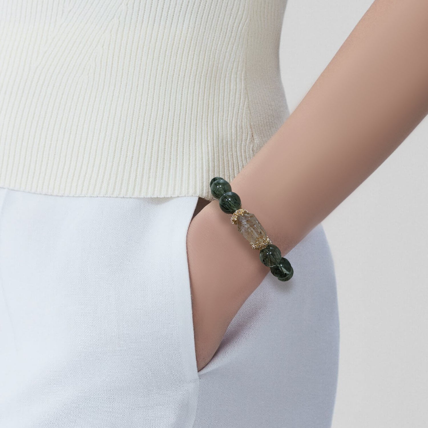 JOXOZP 13mm Natural Green Rutilated Quartz Bracelet｜Wealth & Career Crystal Stone｜Healing Stones for Sagittarius, Capricorn, Libra, Gemini｜Lucky Charm for Dog/Pig/Sheep/Tiger｜Heart Chakra Healing Gift