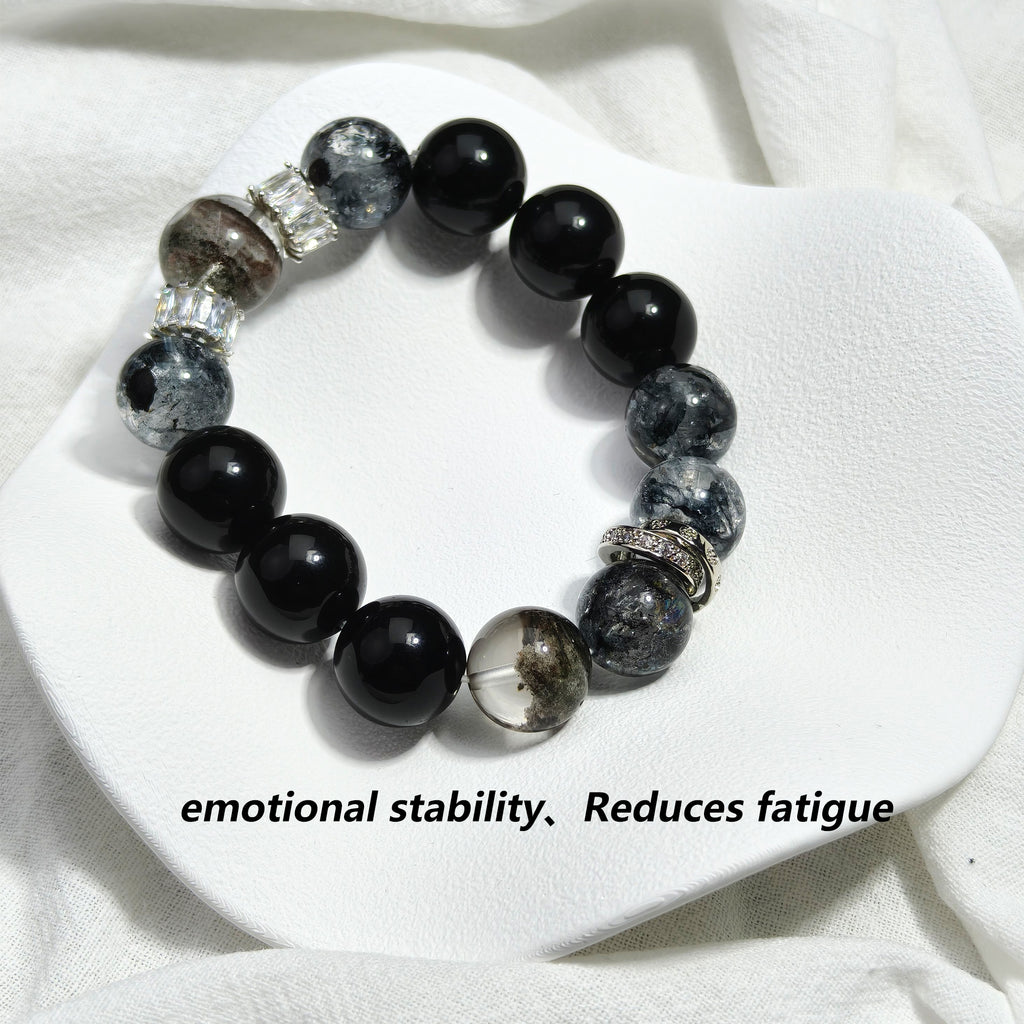 JOXOZP 13mm Natural Black Obsidian & Green Phantom Quartz Bracelet｜Dark Matter Shield Healing Stones｜Quantum Wealth Armor + Valentine's Cosmic Pact Gift