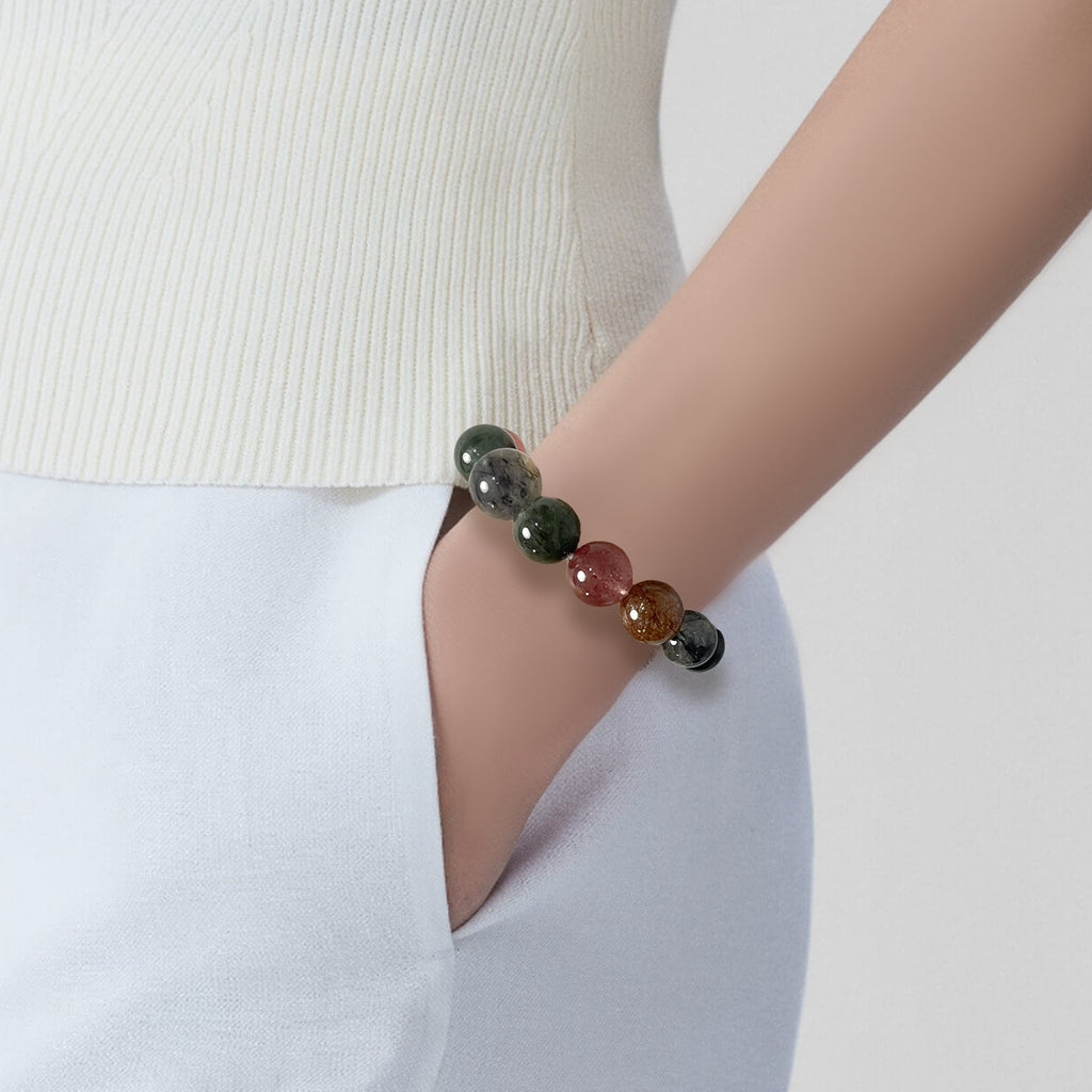 JOXOZP 14mm Natural Strawberry Quartz + Green Rutilated Quartz Healing Stone Bracelet - Crystal for Self-Love & Prosperity - Valentine's Day Gift, Feminine Energy Bracelet