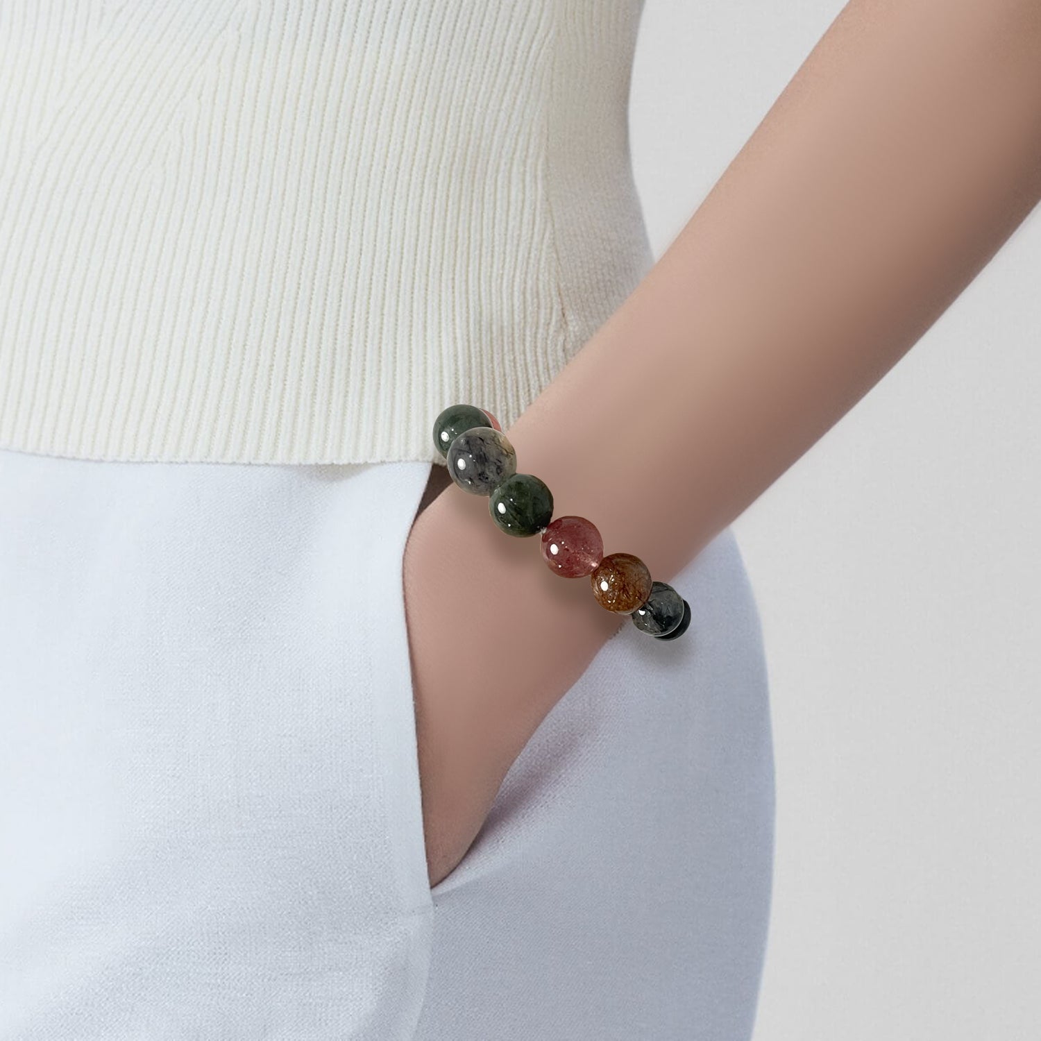 JOXOZP 14mm Natural Strawberry Quartz + Green Rutilated Quartz Healing Stone Bracelet - Crystal for Self-Love & Prosperity - Valentine's Day Gift, Feminine Energy Bracelet
