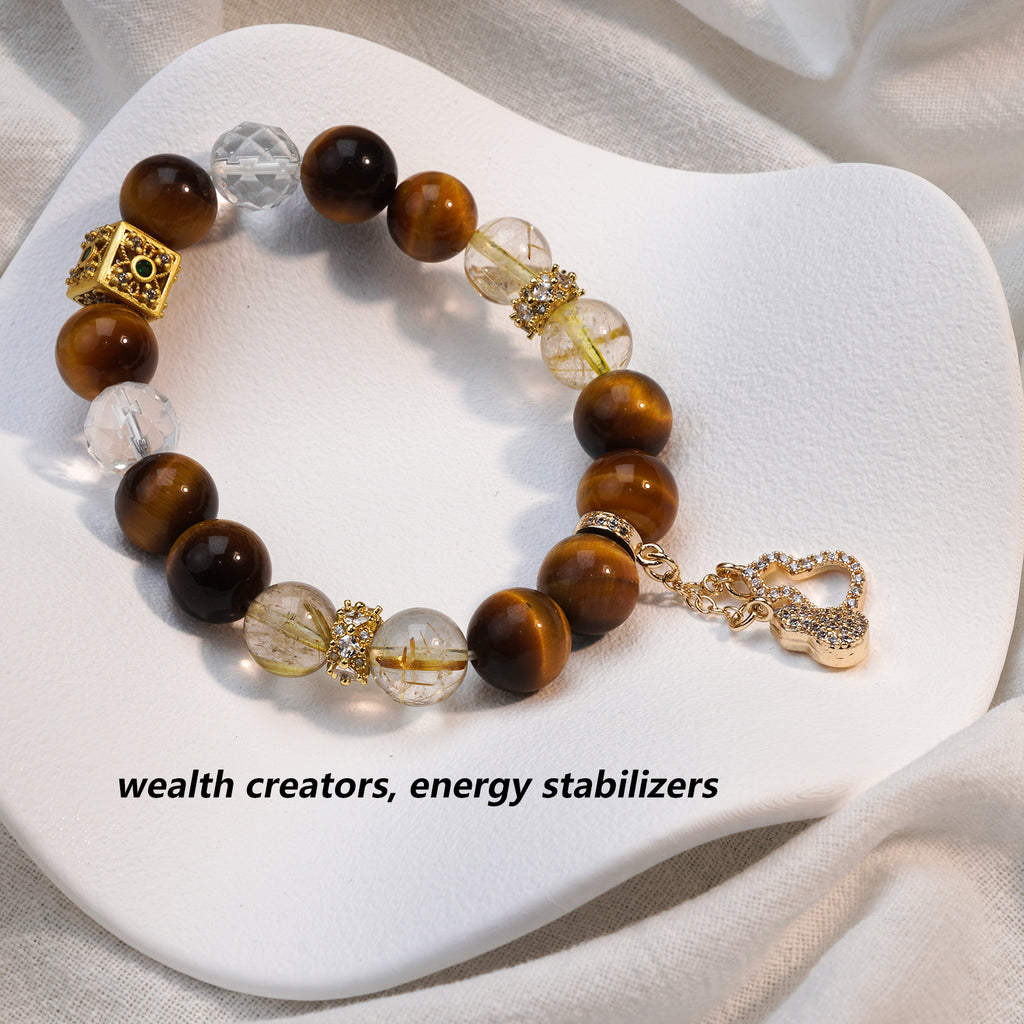 JOXOZP Natural 10mm Quad-Energy Bracelet｜Golden Tiger's Eye Wealth + Rutilated Quartz Clarity + Lava Glass Grounding + Crystal Purification｜Healing Stones Gift Se
