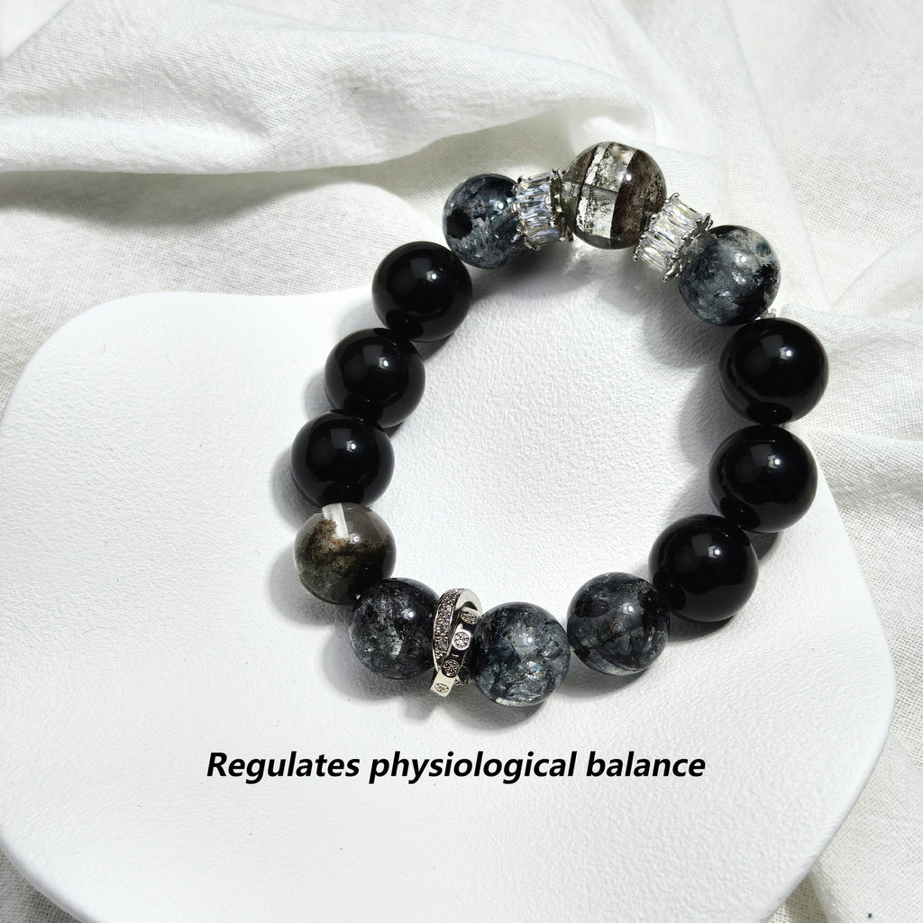 JOXOZP 13mm Natural Black Obsidian & Green Phantom Quartz Bracelet｜Dark Matter Shield Healing Stones｜Quantum Wealth Armor + Valentine's Cosmic Pact Gift