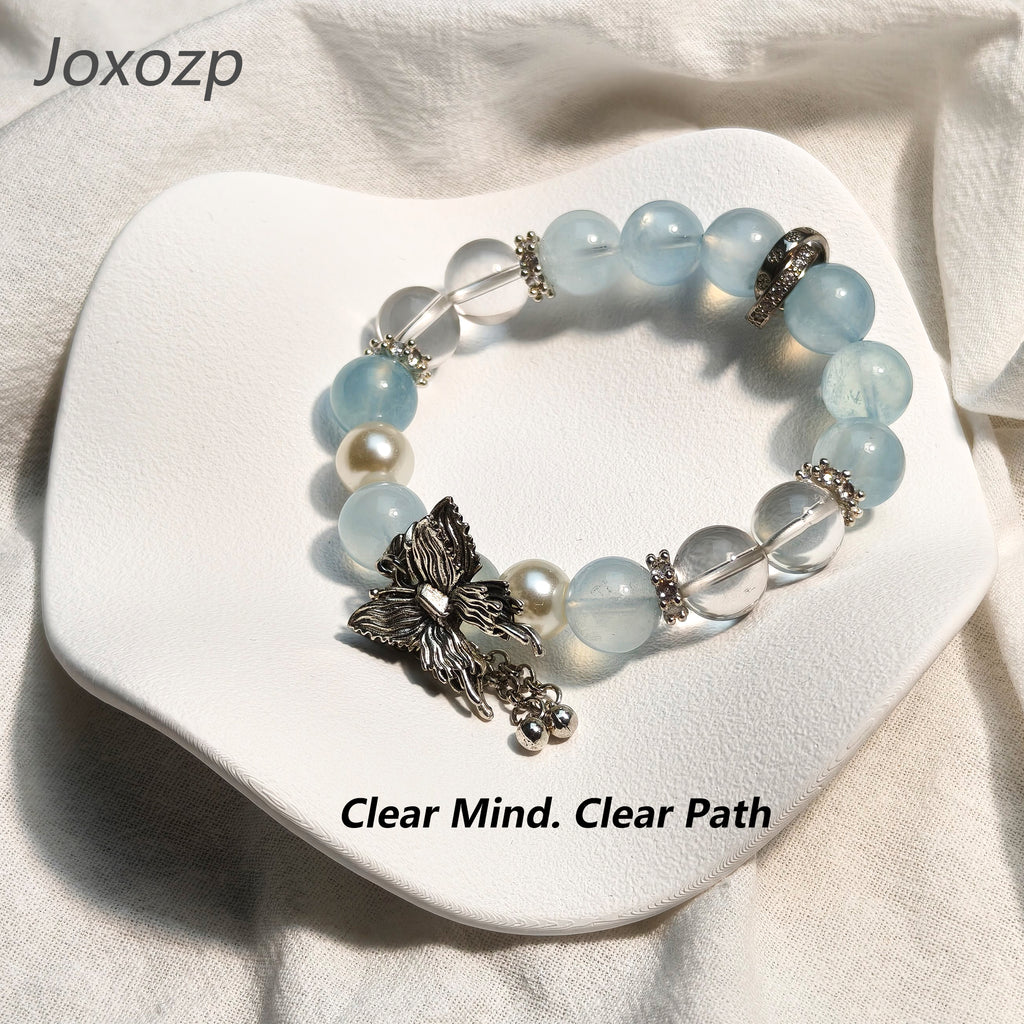 JOXOZP 15mm Natural Aquamarine & Clear Quartz Bracelet｜Dual-Frequency Brainwave Healing Stones｜Executive Decision Catalyst + Valentine's Neural Pact Gift