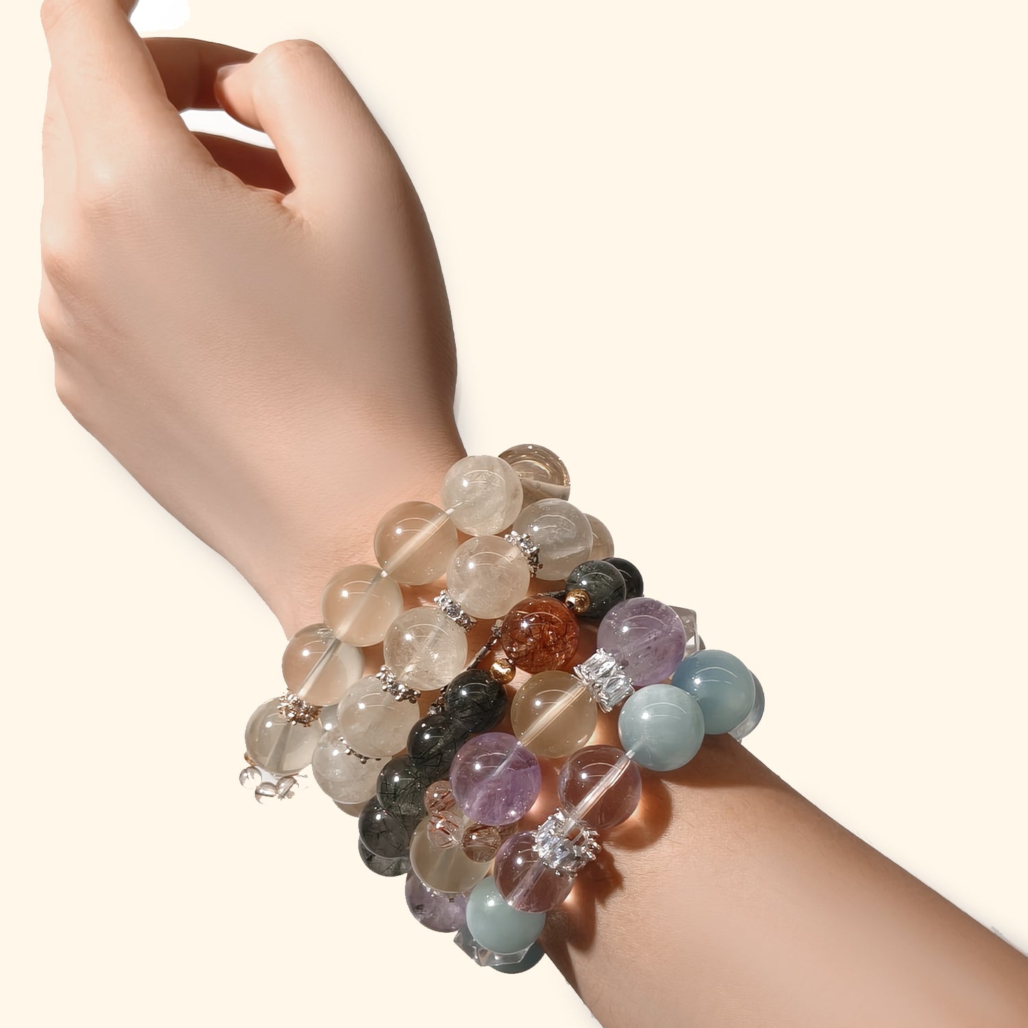 JOXOZP Natural 15mm Tri-Frequency Bracelet｜Aquamarine Communication + Amethyst Stress｜Executive Healing Stones OS｜Starship Gift Set